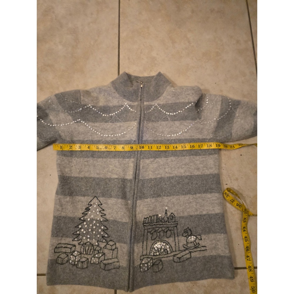Quacker Factory Christmas Sweater Gray Wool Blend Sequin Zip Cardigan Medium